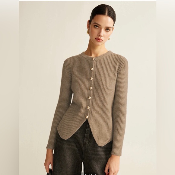 Commense Sweaters - Commense Ribbed Cardigan Camel Button Front Split Hem Minimalist Size S